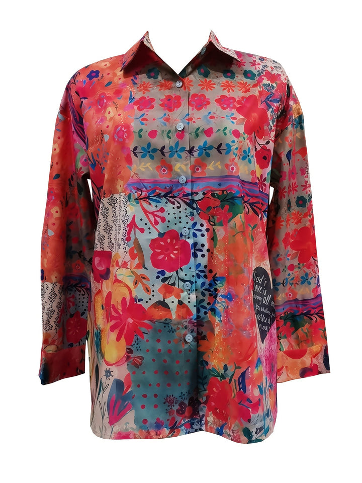 Front view of the colourful floral patterned button-down shirt for women
