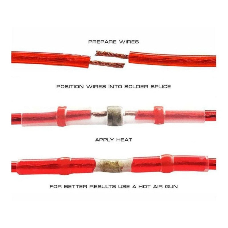 Step by step instructions showing how to prepare wires and apply heat to solder wire splices