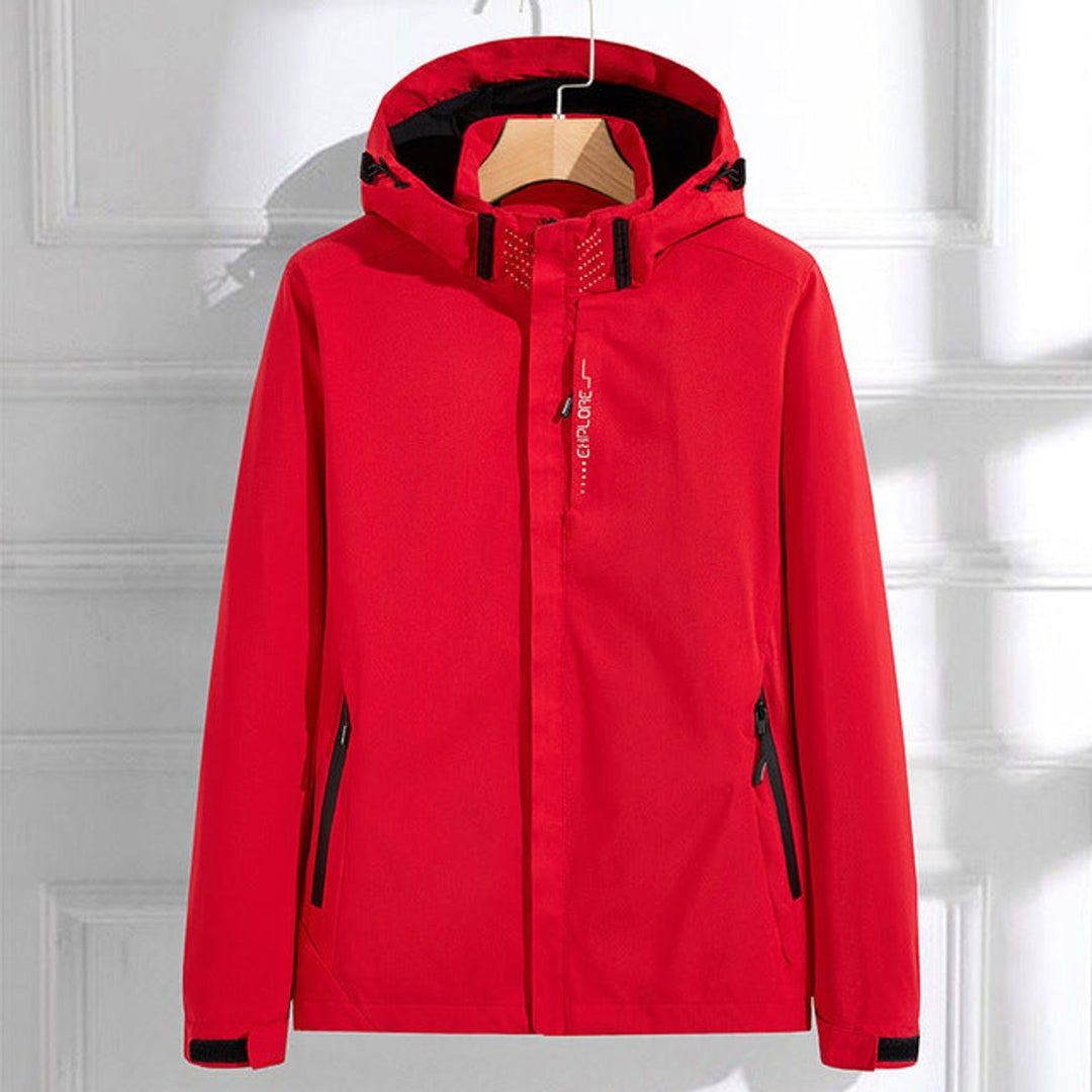 Red waterproof adjustable hooded rain jacket front view