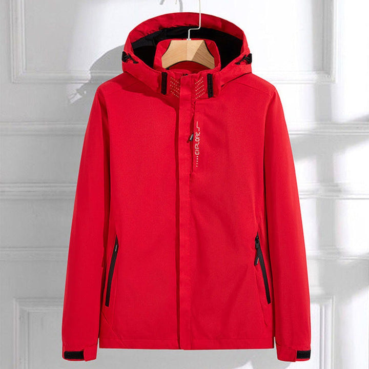 Red waterproof adjustable hooded rain jacket front view
