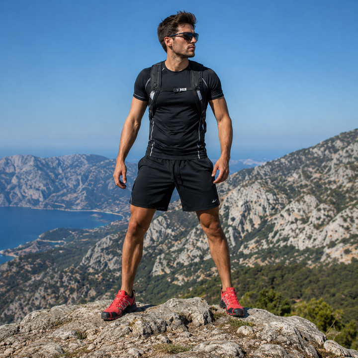 Full-body view of a man posing in athletic gear and hiking shoes on a mountain peak
