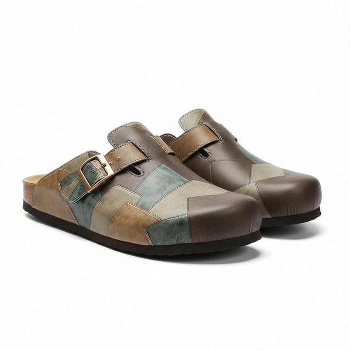 Women's artisan style patchwork clogs in khaki and brown colorway