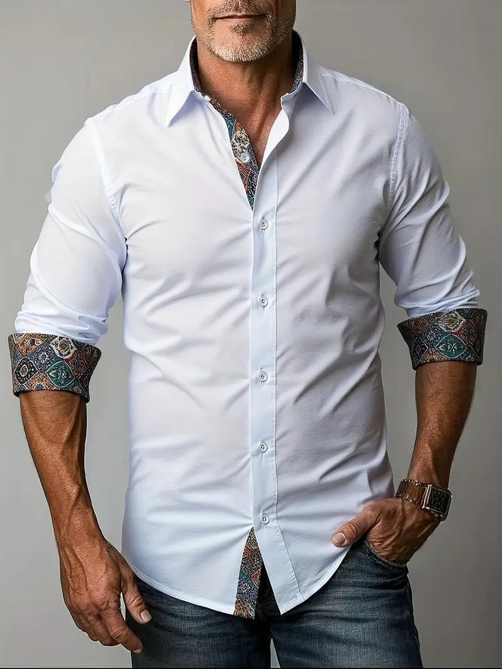 Front view of mens fashion button-up shirt featuring stylish contrast collar details