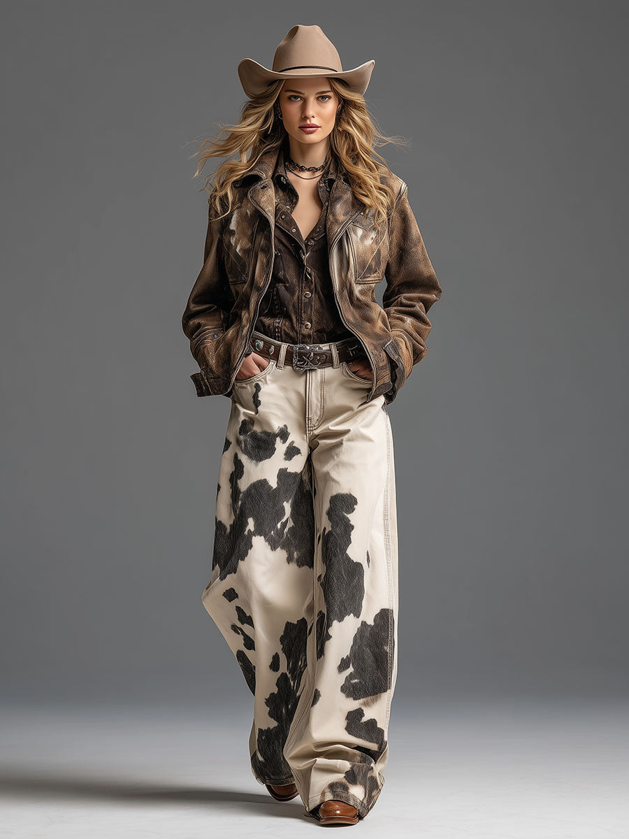 Full-body view of model wearing cow print trousers and cowboy hat