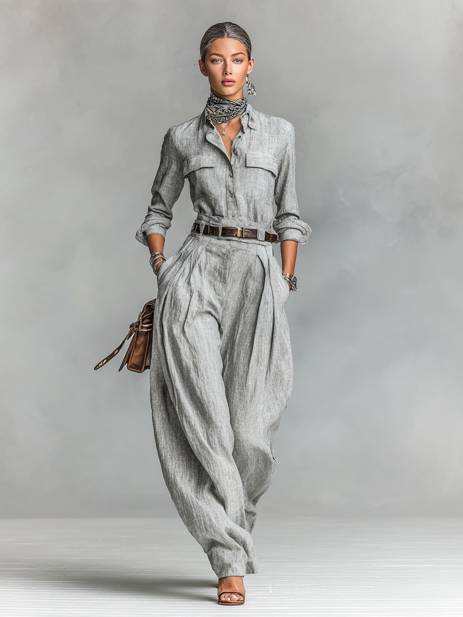 Full view of women's gray matching shirt and wide-leg trouser co-ord set