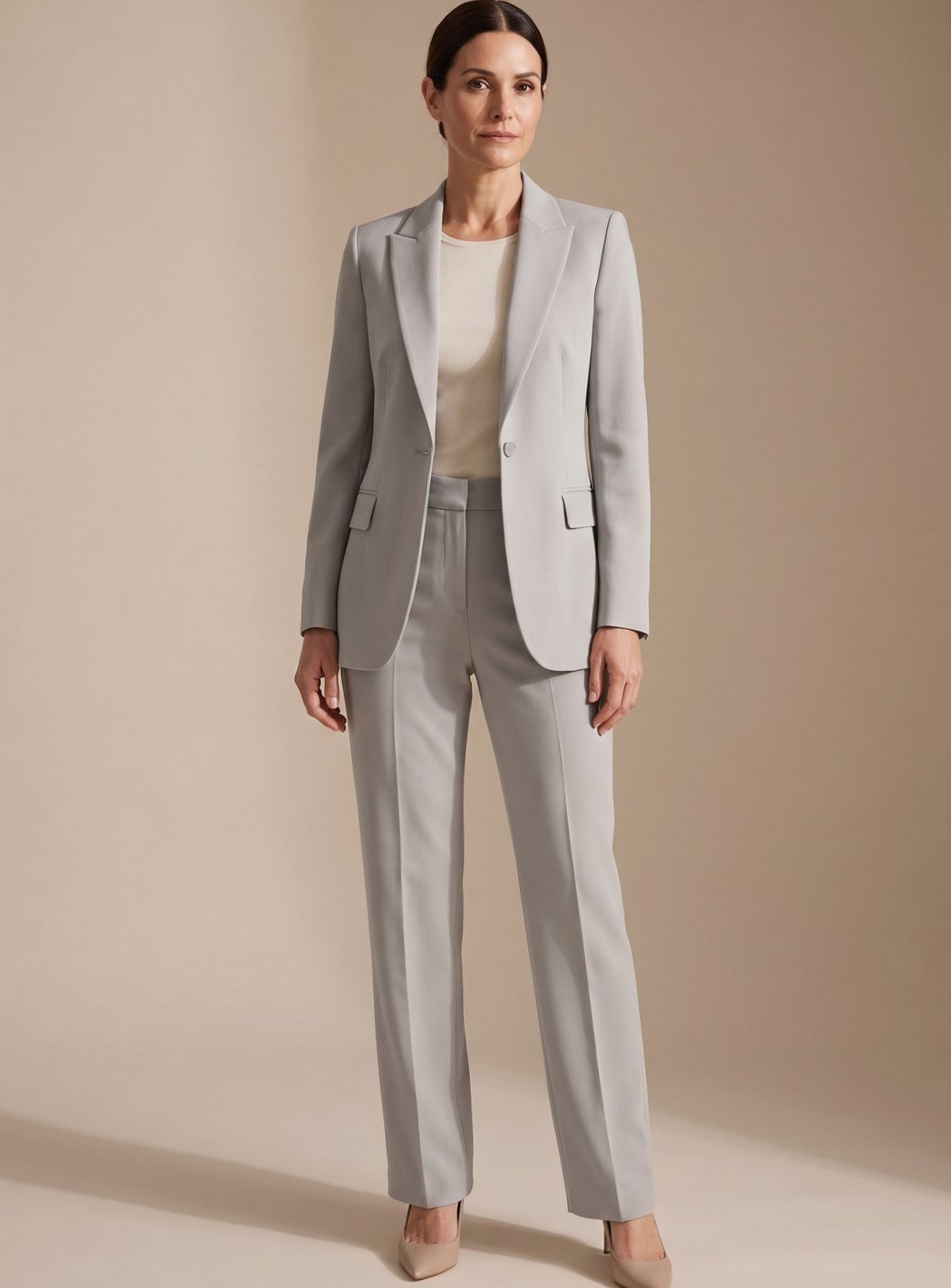Back view of the elegant tailored blazer and matching trousers set