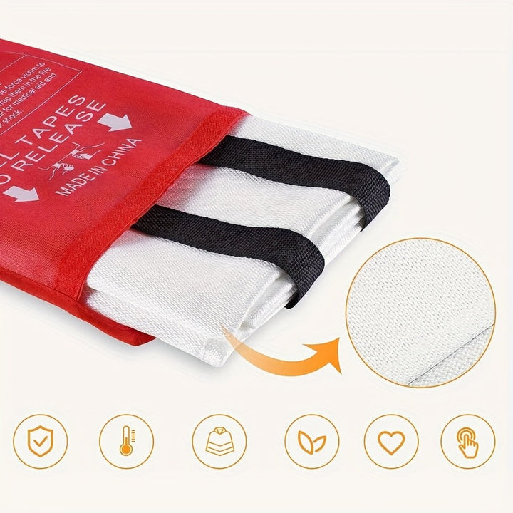 Close up view of folded white fire blanket fabric coming out of a red pouch
