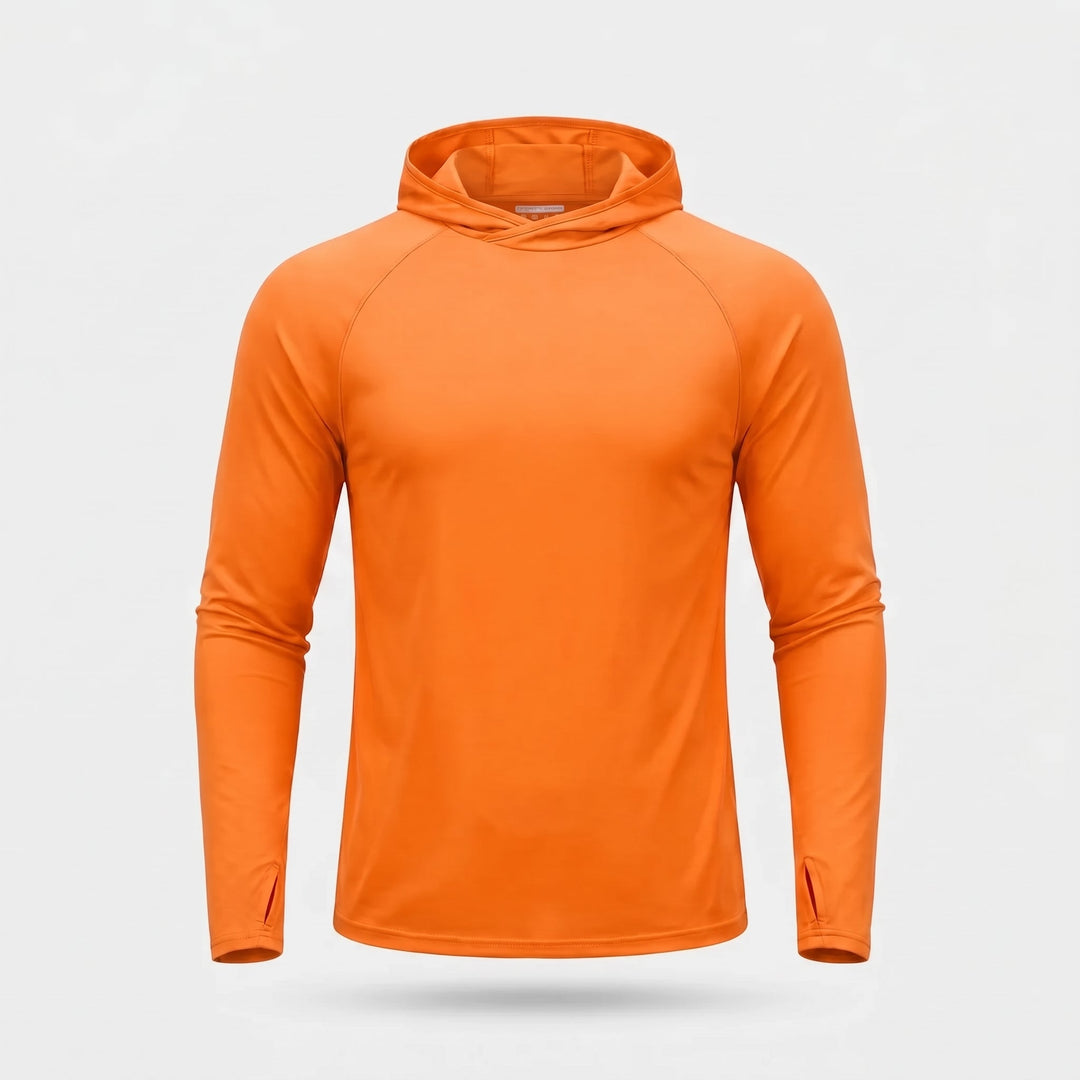 Front view of the vibrant orange men's UPF 50+ sun hoodie with integrated hood