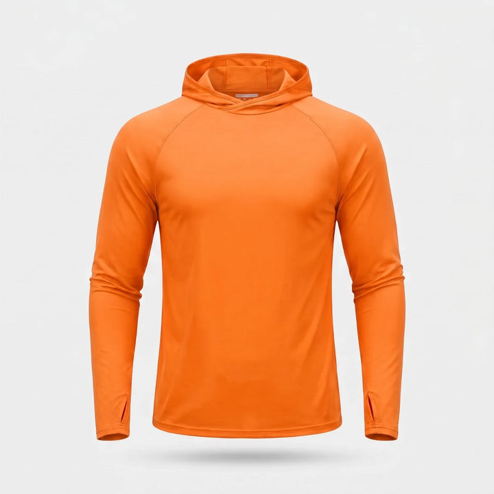 Front view of the vibrant orange men's UPF 50+ sun hoodie with integrated hood