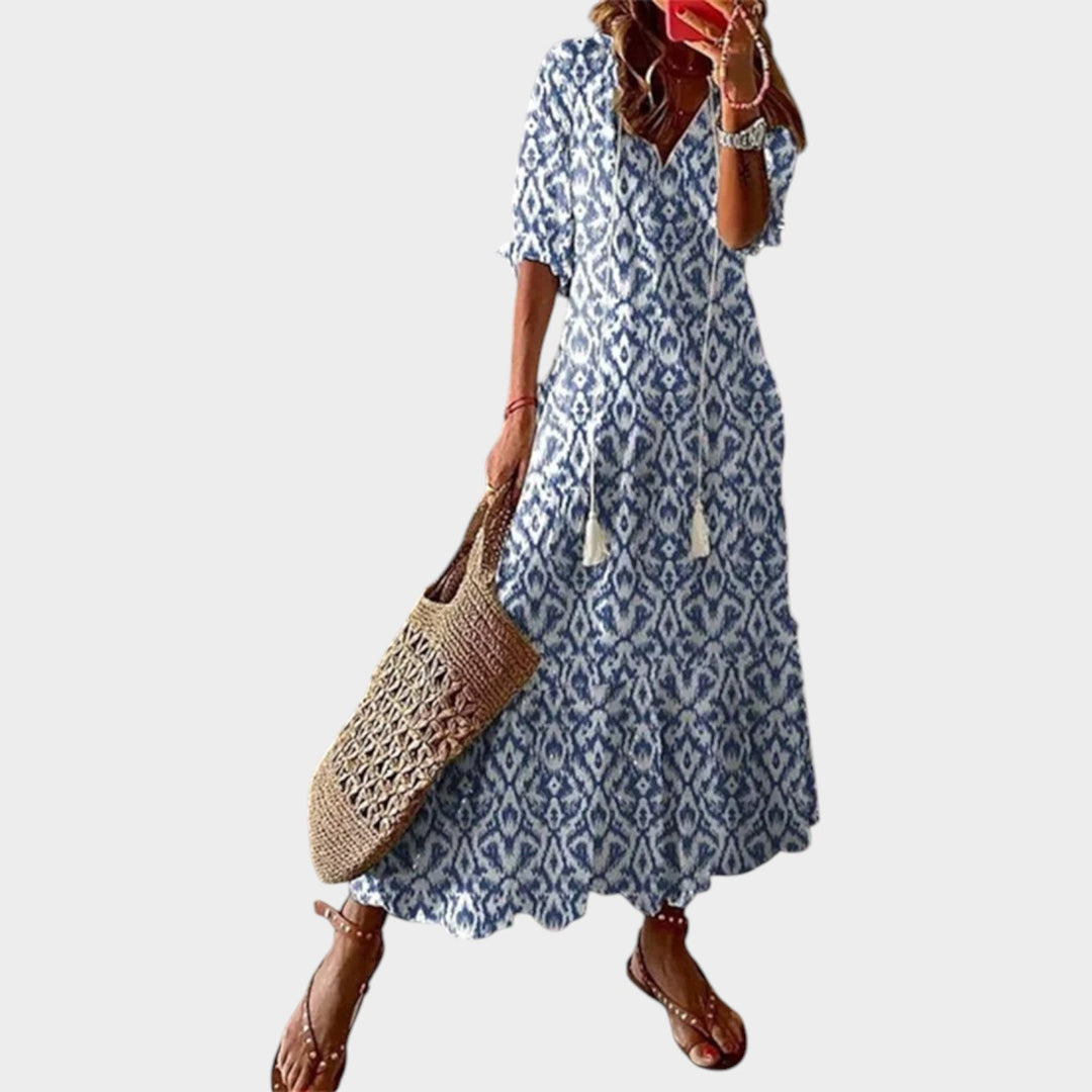 Boho floral maxi dress with V-neckline for women, ideal casual summer wear