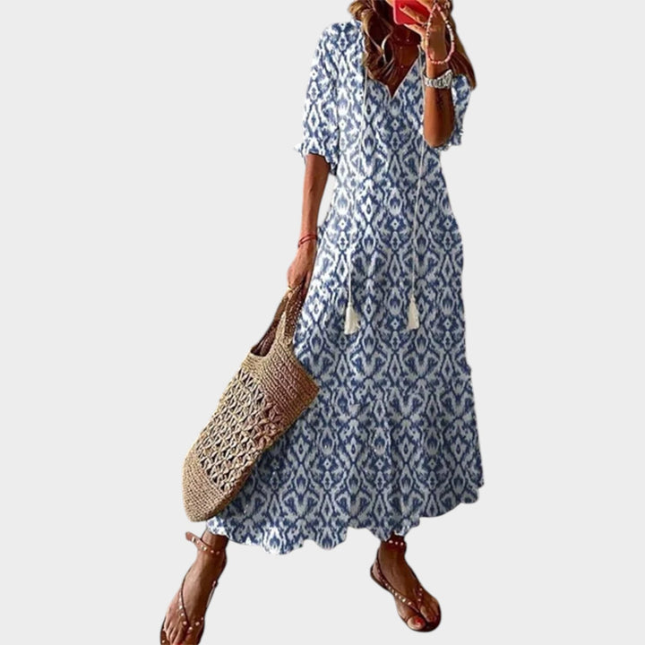 Boho floral maxi dress with V-neckline for women, ideal casual summer wear