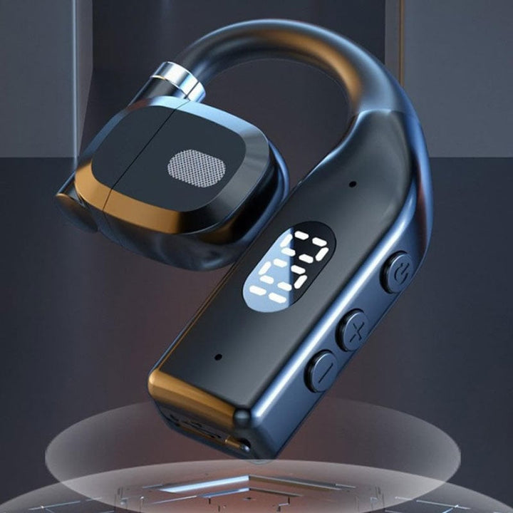 Black wireless business headset with ergonomic ear hook design