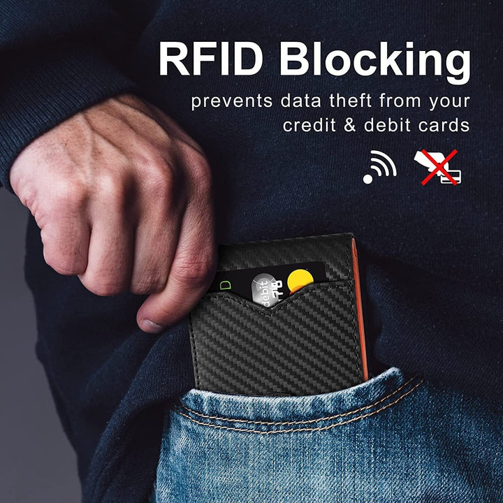 Man sliding carbon fibre RFID wallet into back pocket