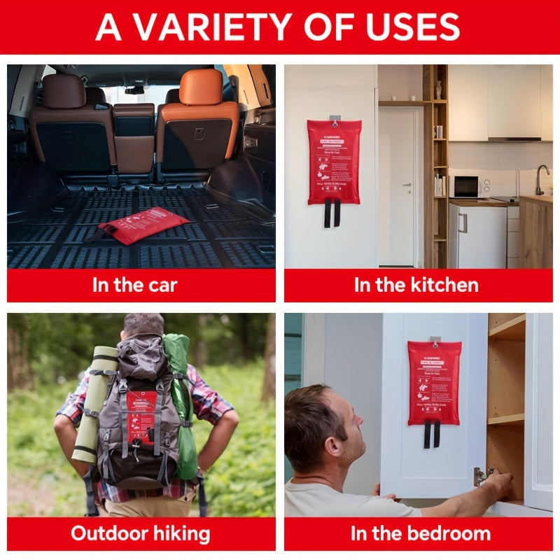 Four panel image showing fire blanket usage in car, kitchen, hiking, and bedroom
