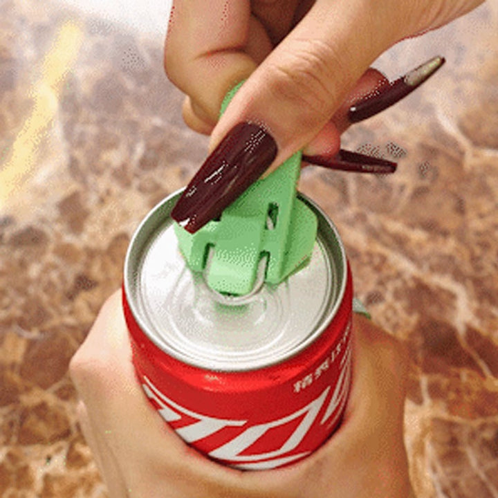 Angled shot of portable can opener highlighting safety features