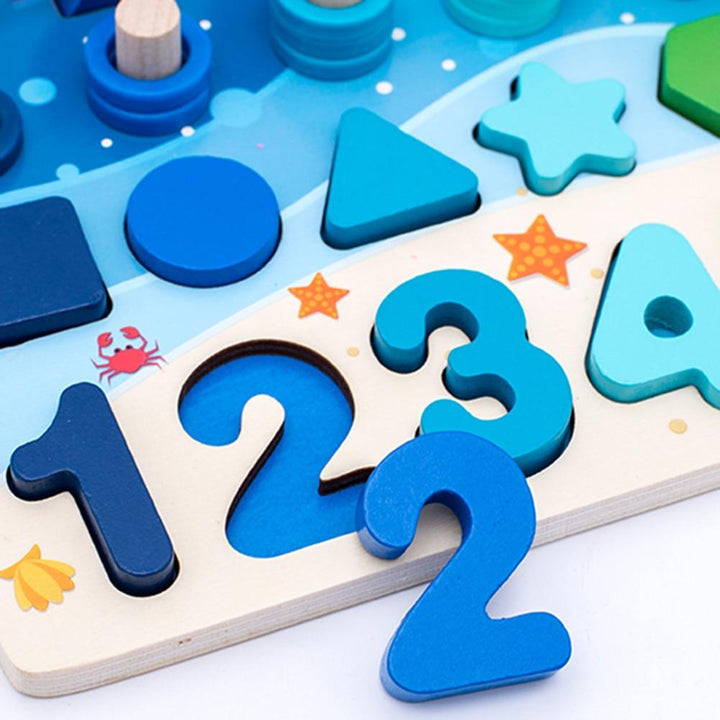 Toddler learning board displaying colorful shapes and fine motor skill activities