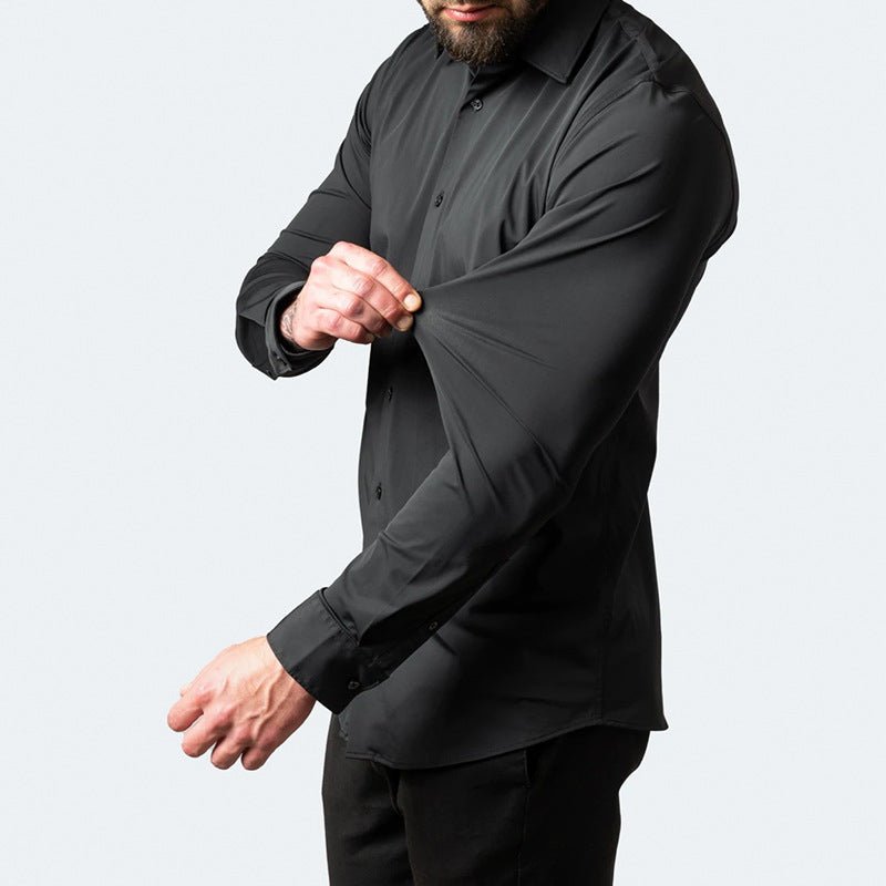 Close-up view of arm flexibility in a black long-sleeve button-down shirt