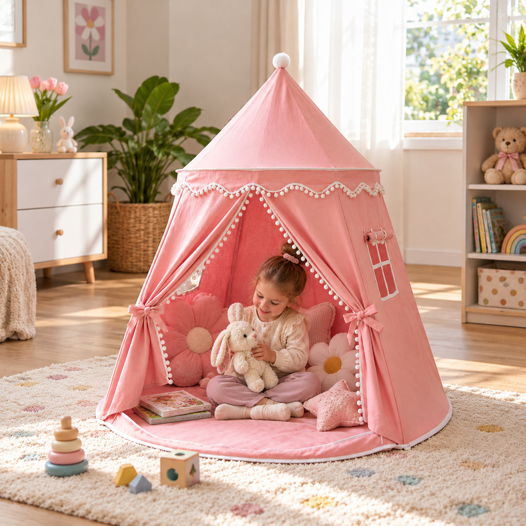 Pink kids play tent set up in a bright child's bedroom with toys and books