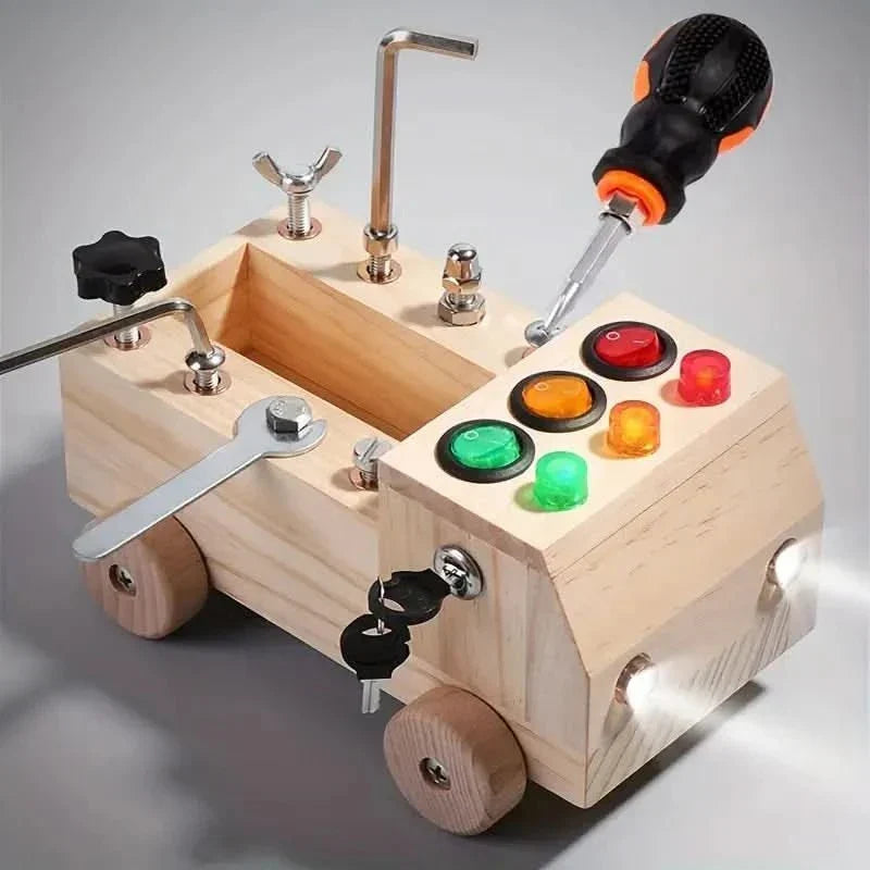 Montessori wooden busy board toy with tools and switches