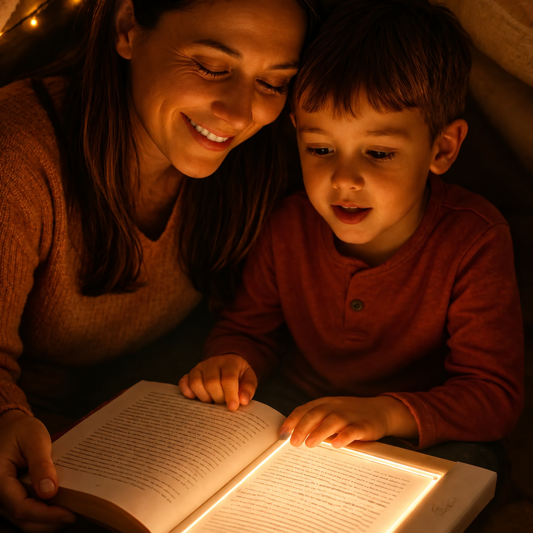 A mother and child reading together with a soft portable lamp in a cozy tent