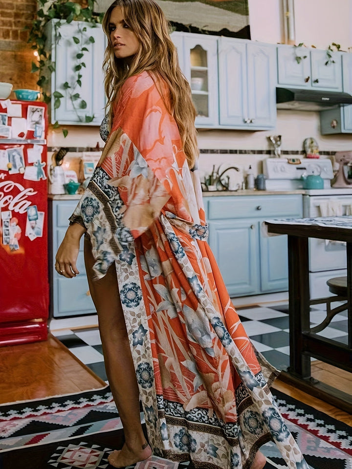 Woman wearing a red floral print kimono in a kitchen setting