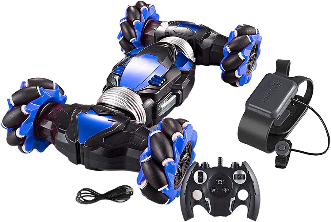 Blue RC stunt car with remote controller and wrist sensor