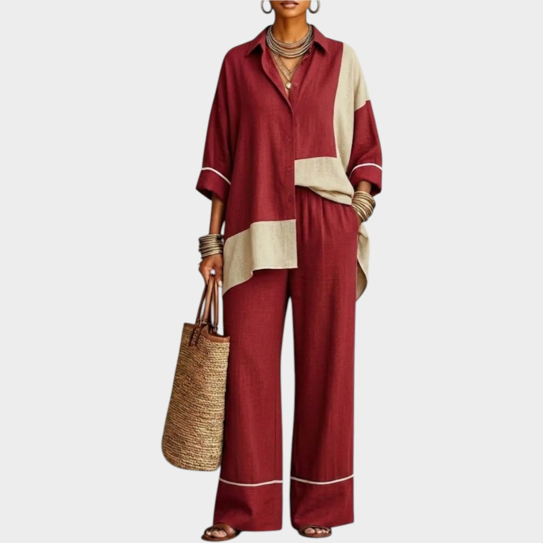 Casual loungewear set for women with stylish color block design and relaxed fit trousers.