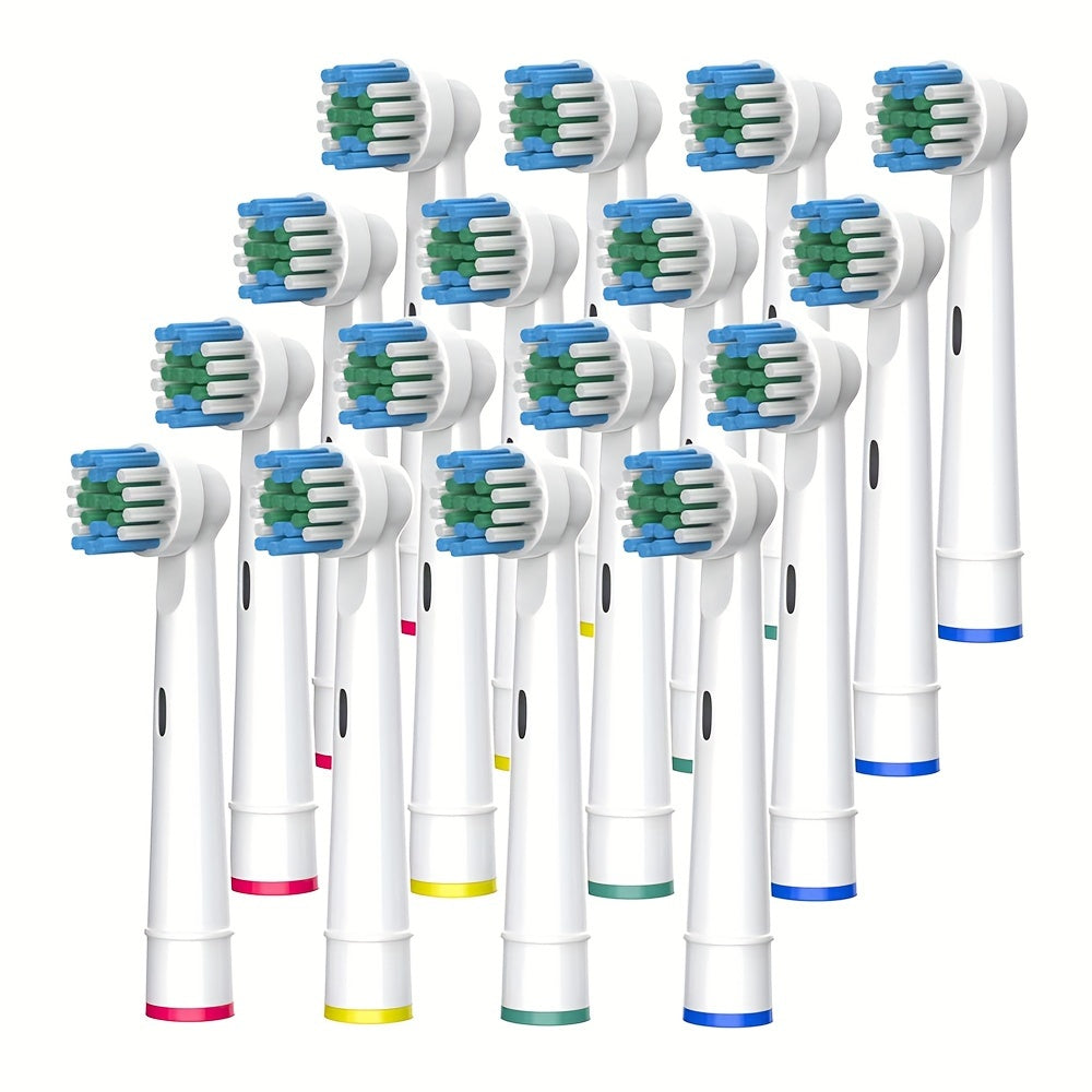 Collection of sixteen white replacement electric toothbrush heads with colored identification rings