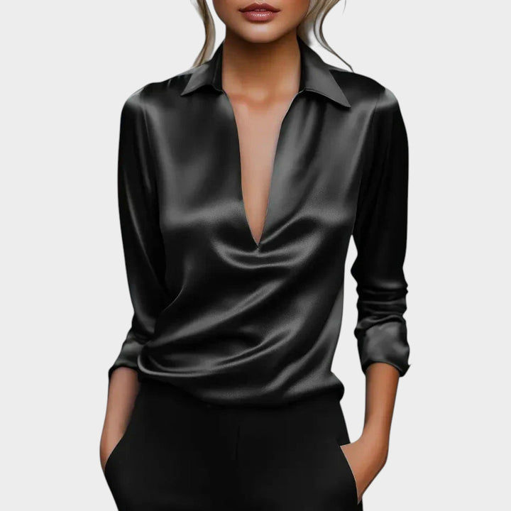 Women's V-neck classic collar blouse in elegant office wear style