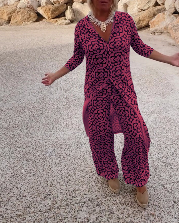 Close-up of the V-neck design on the printed tunic top