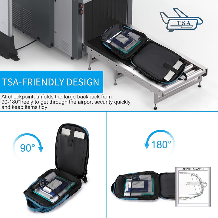 TSA-friendly 180 degree open laptop backpack layout for airport travel