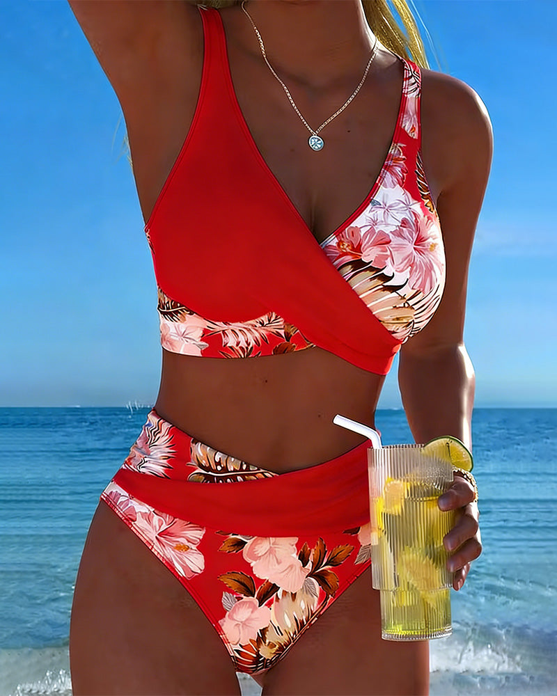 High waist floral bikini set showing front view of the two piece swimsuit