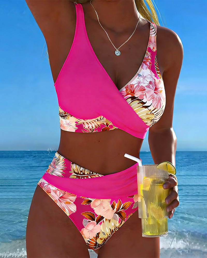 Side angle of the floral wrap bikini highlighting high waist bottoms