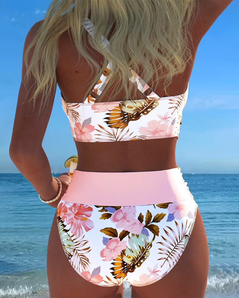 Model wearing the resort fashion floral wrap bikini beachwear