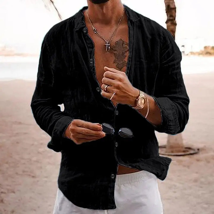 Close up view of the collar and button placket on a mens long sleeve shirt