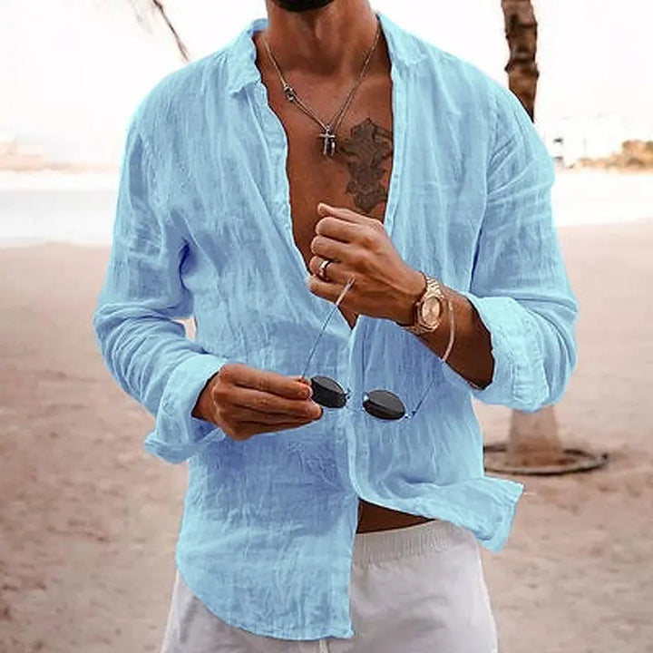 Lightweight summer shirt for men with long sleeves and front buttons
