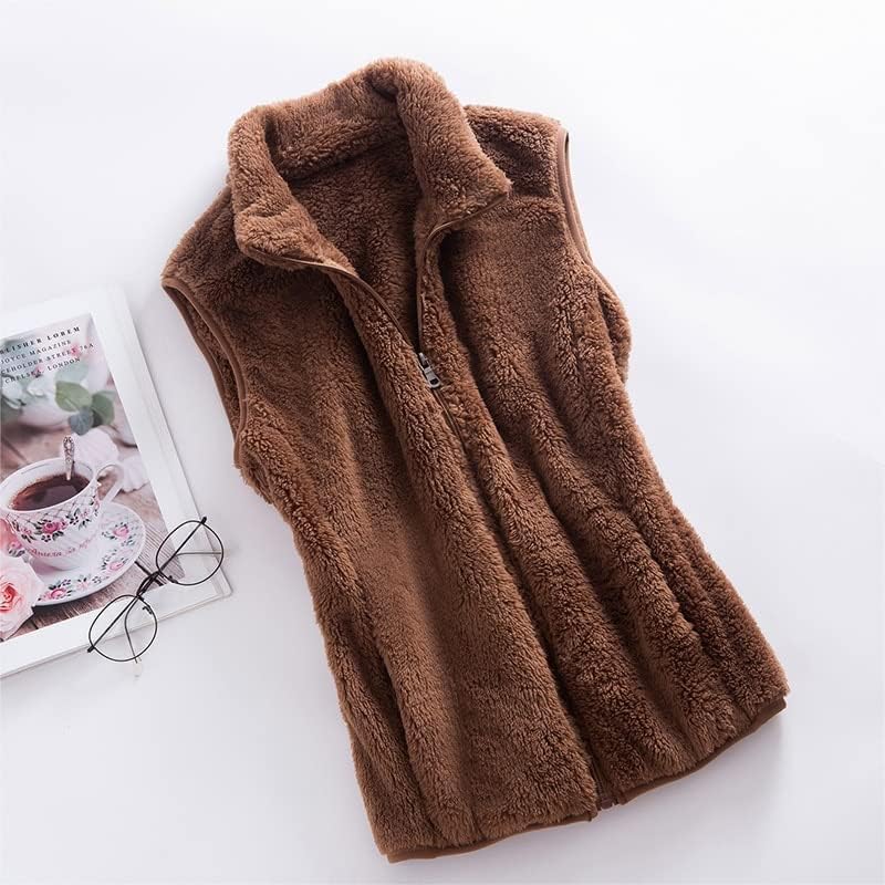 Camel colored women's plush fleece gilet with high collar and front zipper