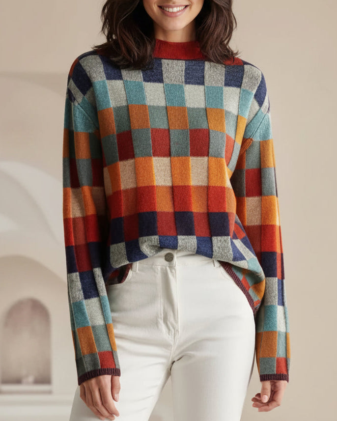 Makenna | Women’s Checked Crew Neck Long Sleeve Sweater