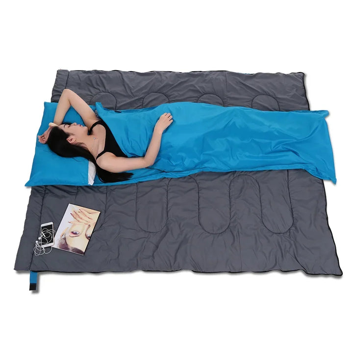 Traveler packing lightweight sleep liner into hiking gear backpack