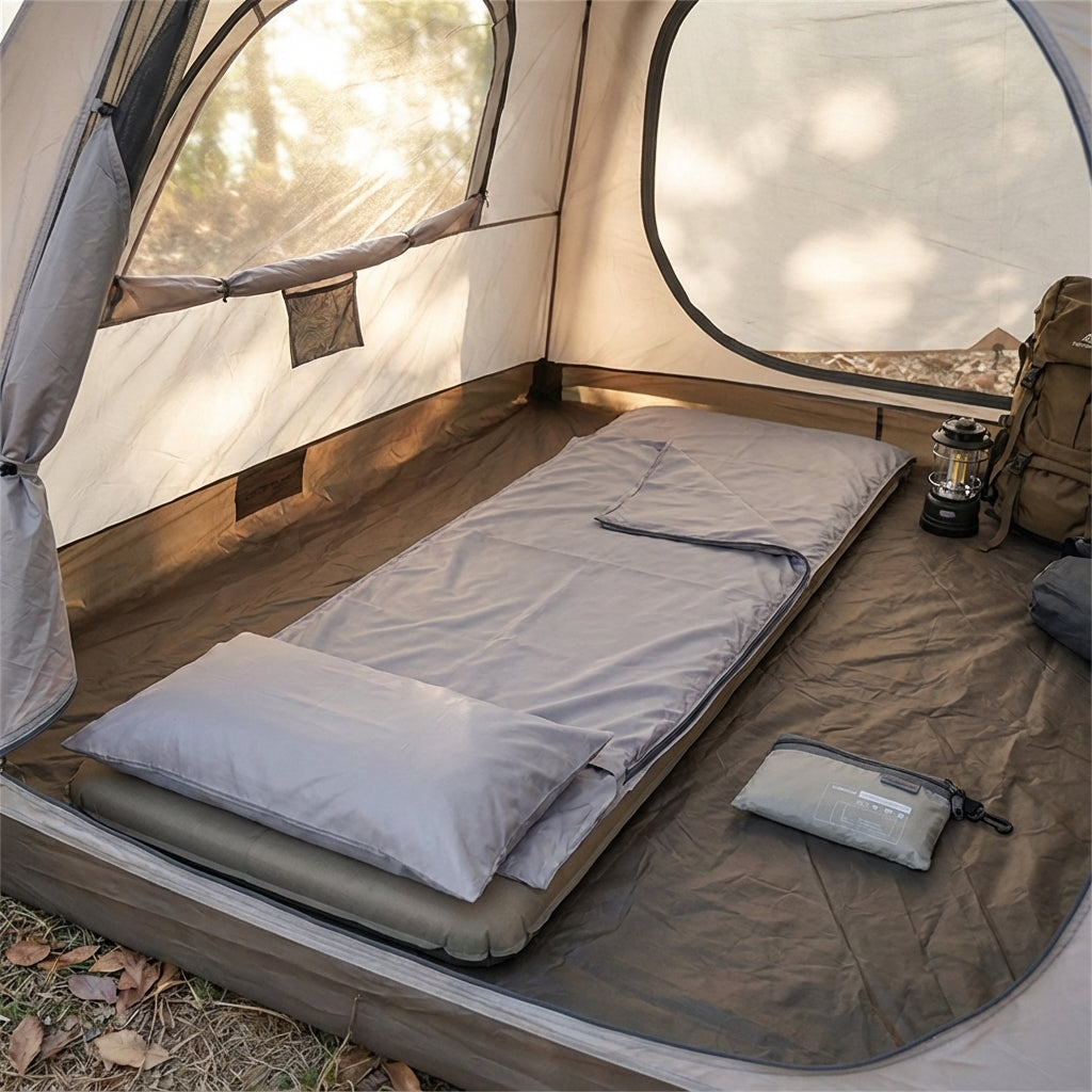 Hiker using rectangular sleep liner inside sleeping bag for camping warmth