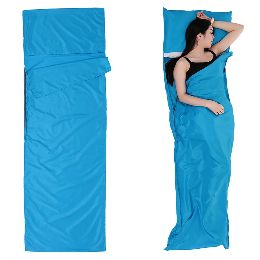 Detailed shot of reinforced stitching and opening on travel sleeping accessory