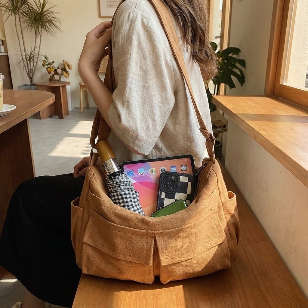 Lifestyle view of brown canvas crossbody messenger bag being worn while holding tablet and umbrella