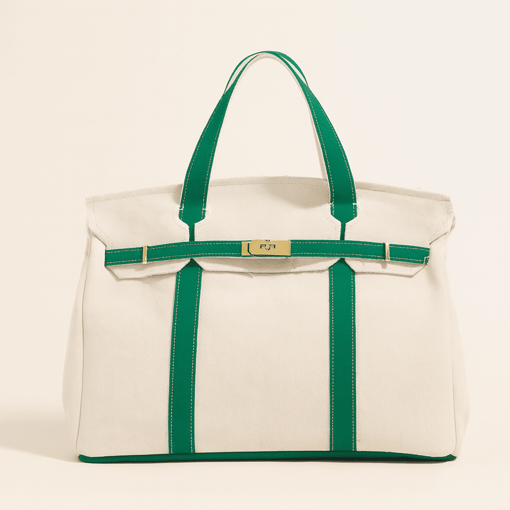 Stylish canvas shopping bag featuring elegant steel details and secure closure