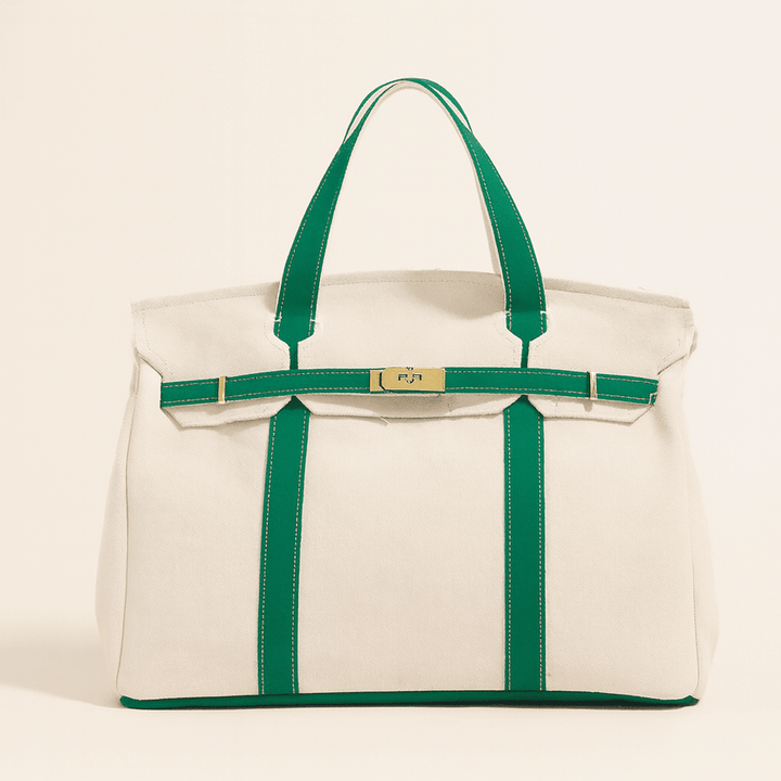 Stylish canvas shopping bag featuring elegant steel details and secure closure
