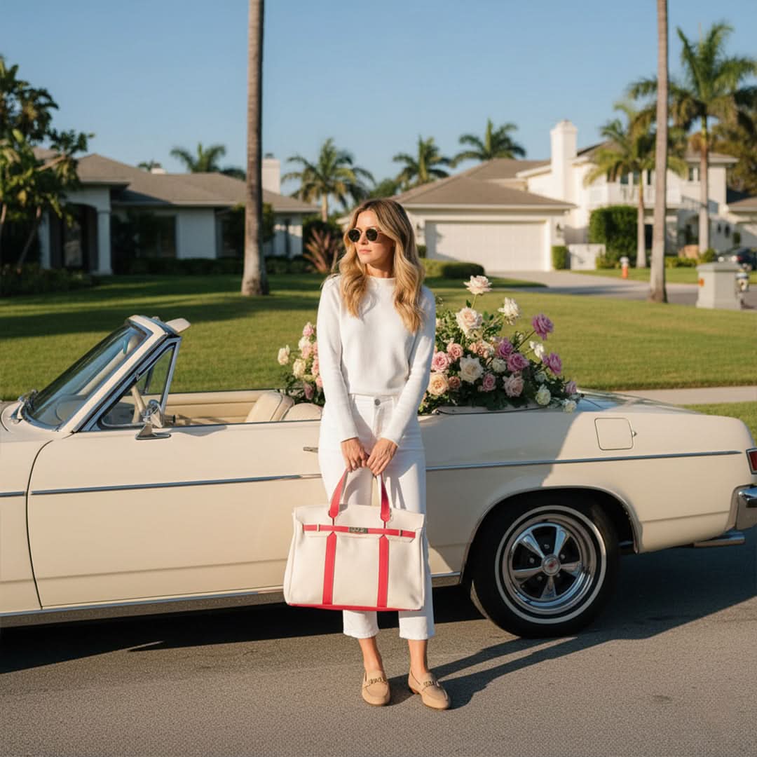 Woman standing beside a classic car holding a white and red canvas tote bag