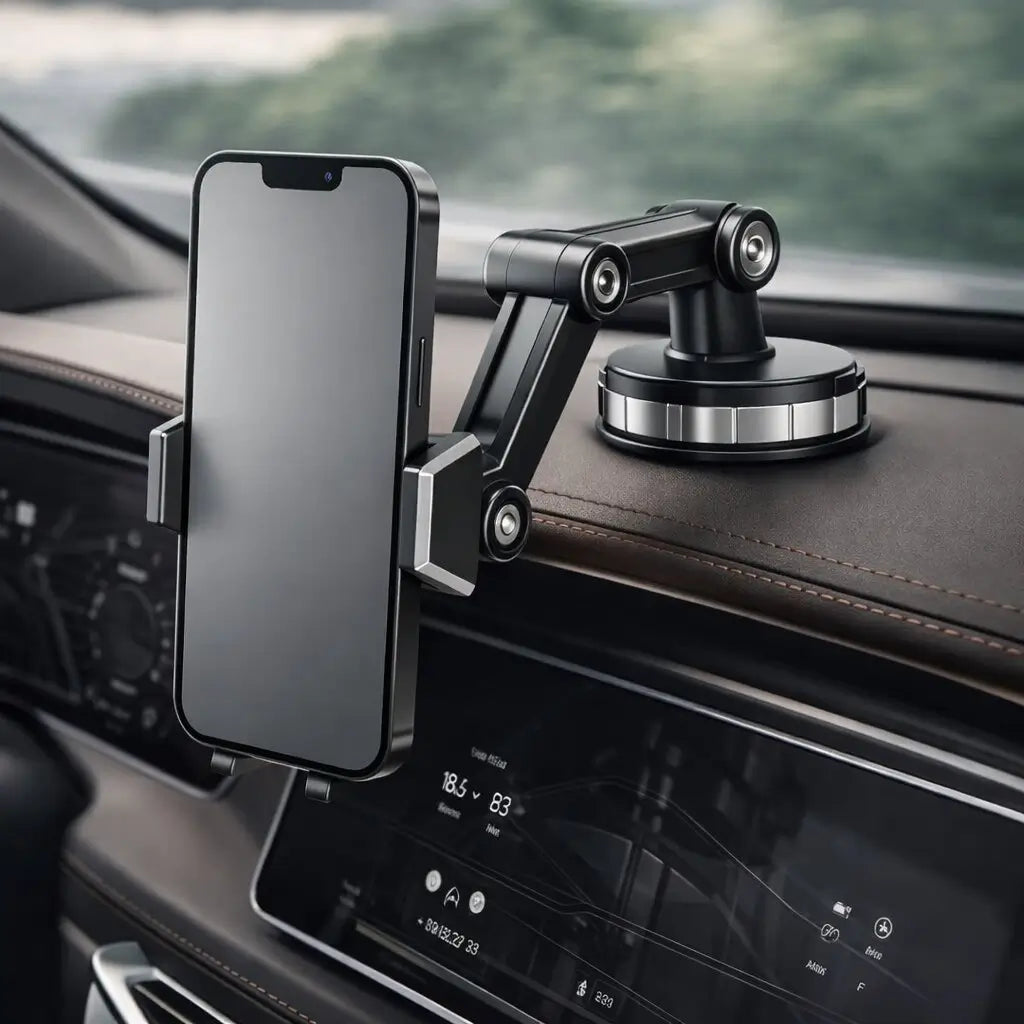 Universal car phone mount attached to a vehicle dashboard holding a smartphone.