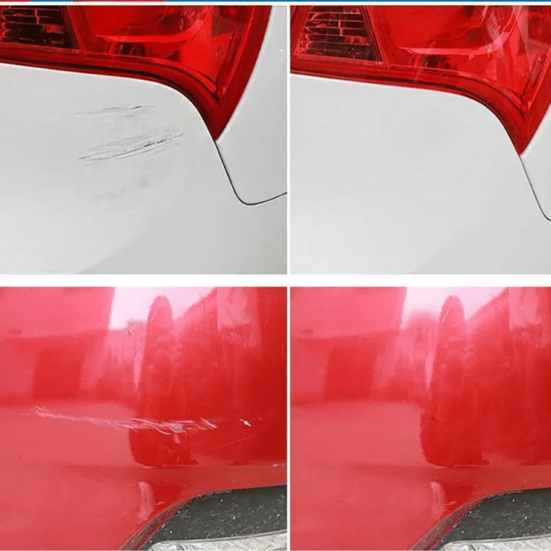 Before and after comparison of car paint scratch removal on red and white vehicle surfaces