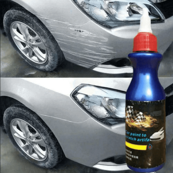 Car scratch remover bottle next to a silver car bumper showing before and after scratch repair