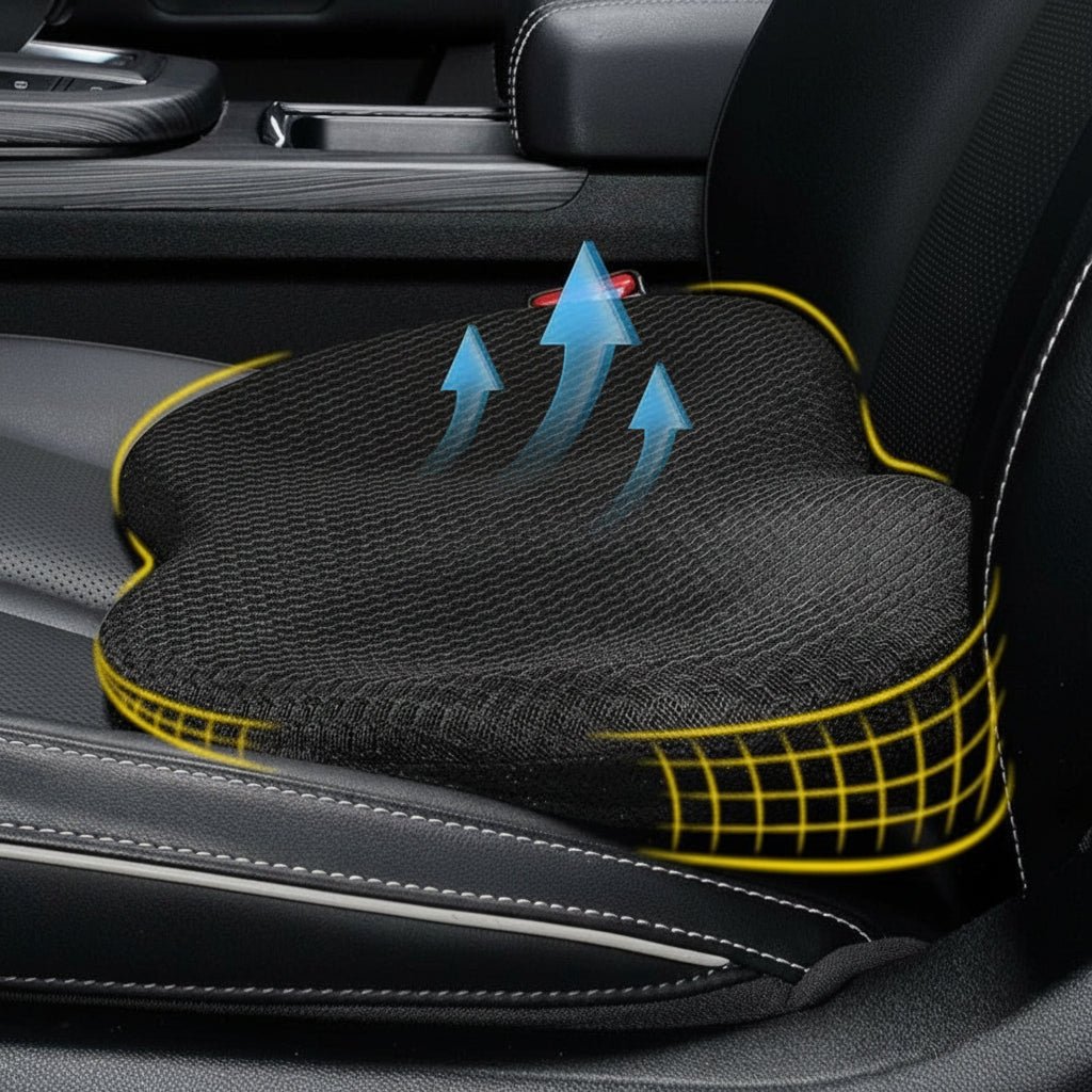 Black ergonomic memory foam car seat cushion installed on a vehicle seat