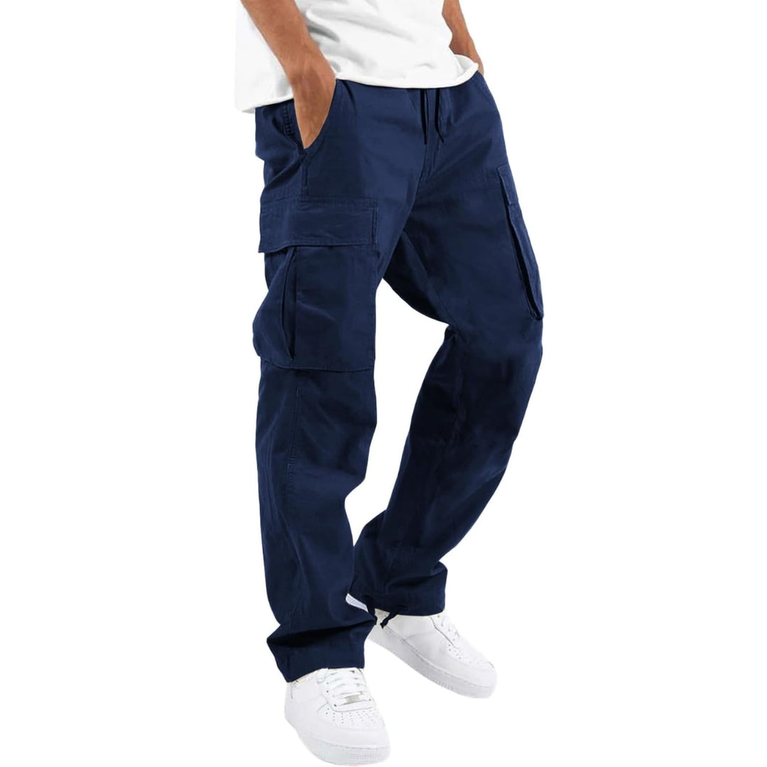 Side profile of casual trousers showing relaxed fit and cargo styling
